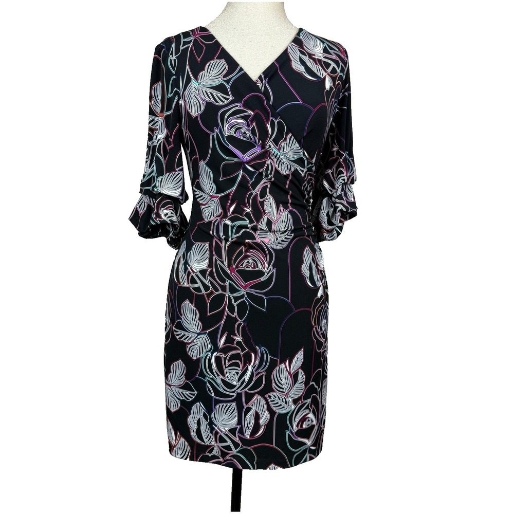 Joseph Ribkoff Sheath Dress Women 4 Black Floral Ruched Office Career Cocktail